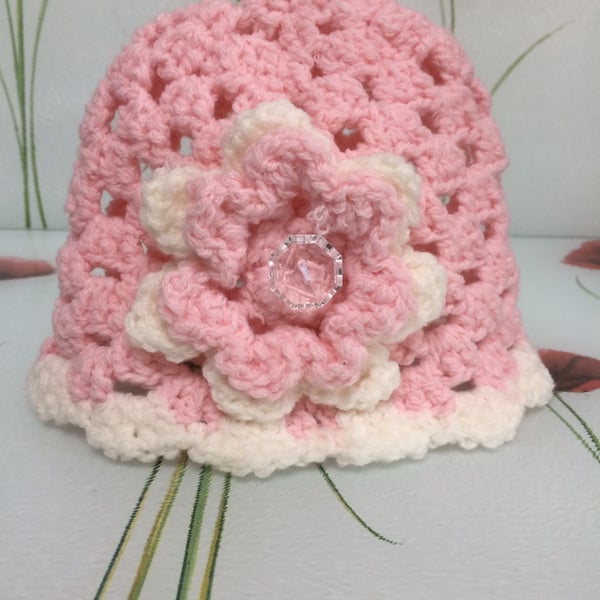 Winter Pink White Hand Crochet Baby Hat with Flower by Poppy Kay Designs