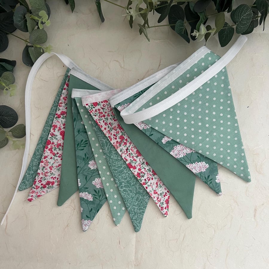 Handmade Fabric Bunting 10 Flags in Green, Pink & White Floral and Patterns