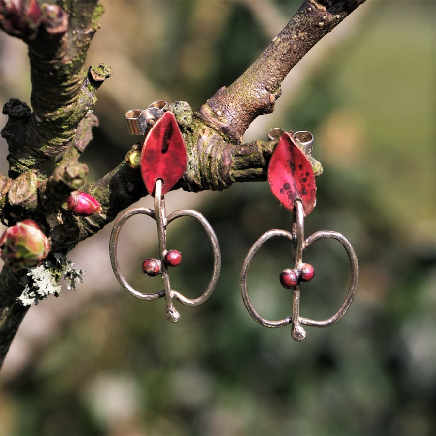 Silver Apple and Copper Leaf Stud Dangle  Earrings
