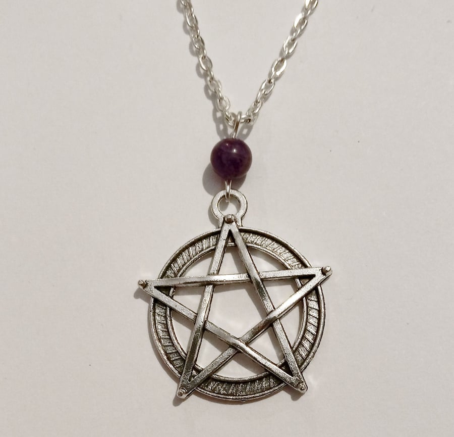 Silver Plate Purple Amethyst Pentagram Pentacle Necklace