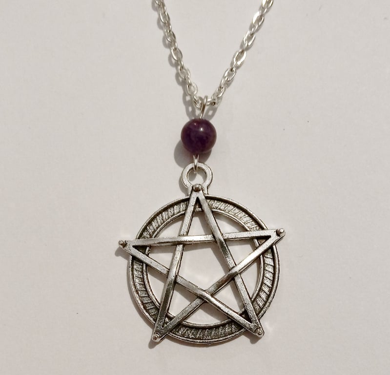 Silver Plate Purple Amethyst Pentagram Pentacle Necklace