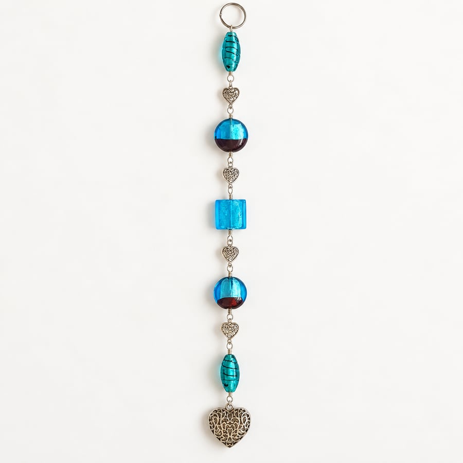 Blue and Purple Beaded Hanging Decoration with Silver Filigree Heart