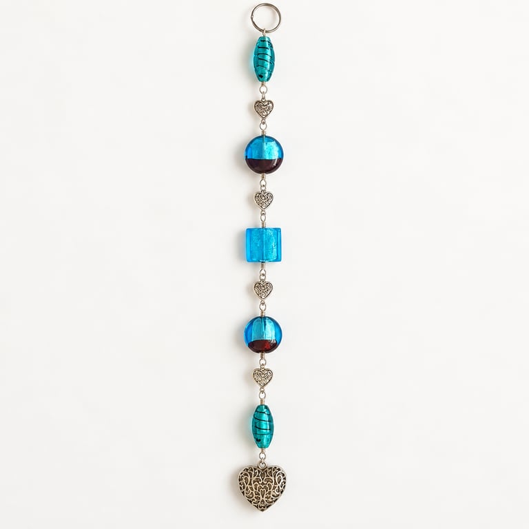 Blue and Purple Beaded Hanging Decoration with Silver Filigree Heart