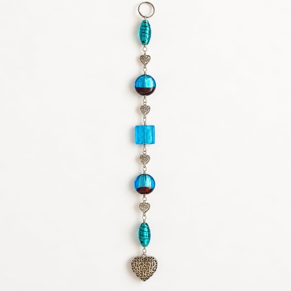 Blue and Purple Beaded Hanging Decoration with Silver Filigree Heart