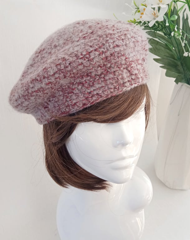 Dark Red and Grey Wool and Mohair Crochet Beret