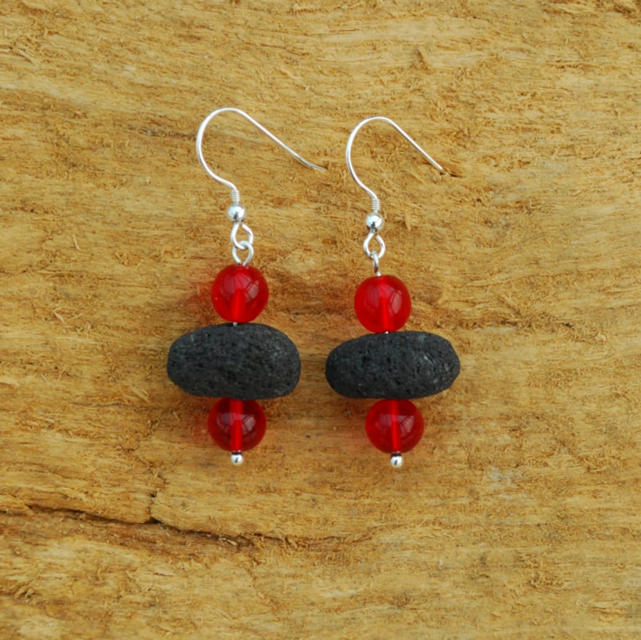 Black and red sterling silver earrings