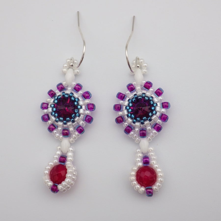 Beadwoven crystal Swarovski earrings with dyed pink agate drops