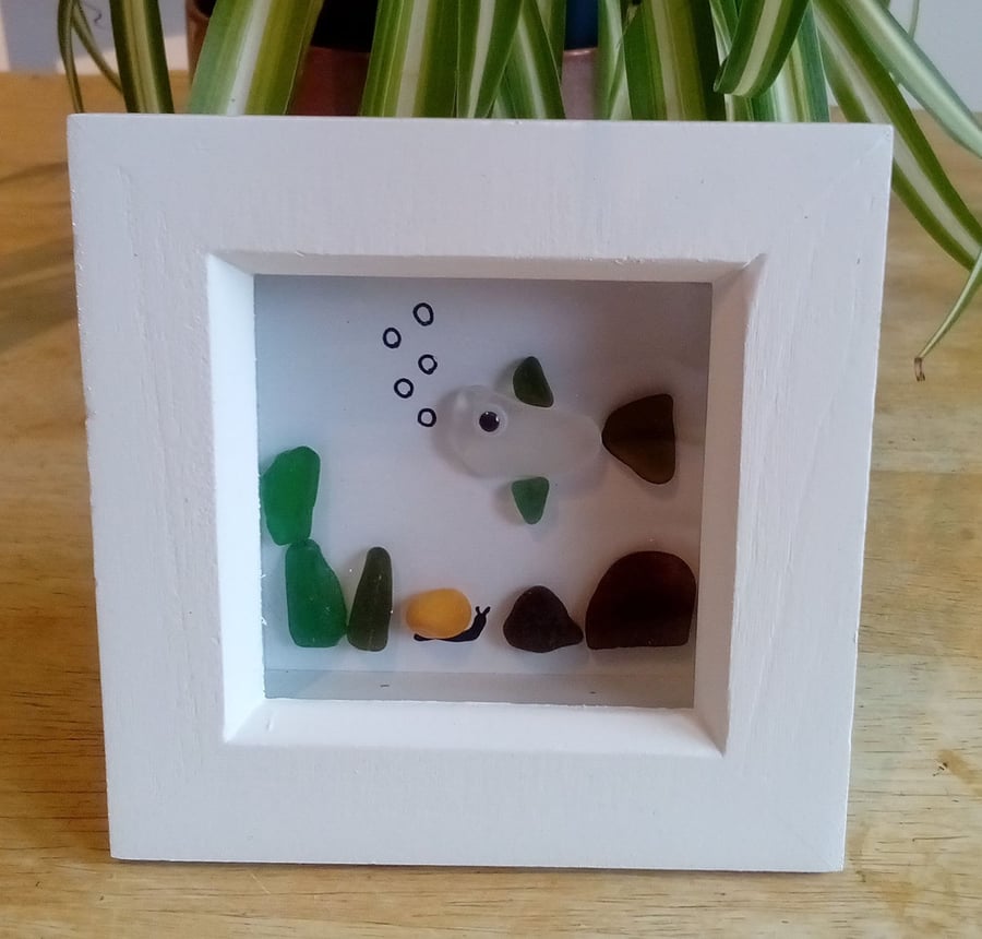 Sea glass fish picture, tiny under the sea framed seaglass art, fishing gift