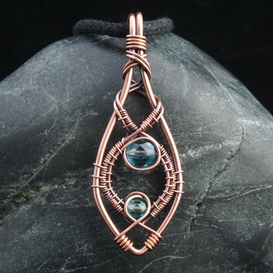 Copper Wire Weave Pointed Drop Pendant with Light Blue Beads