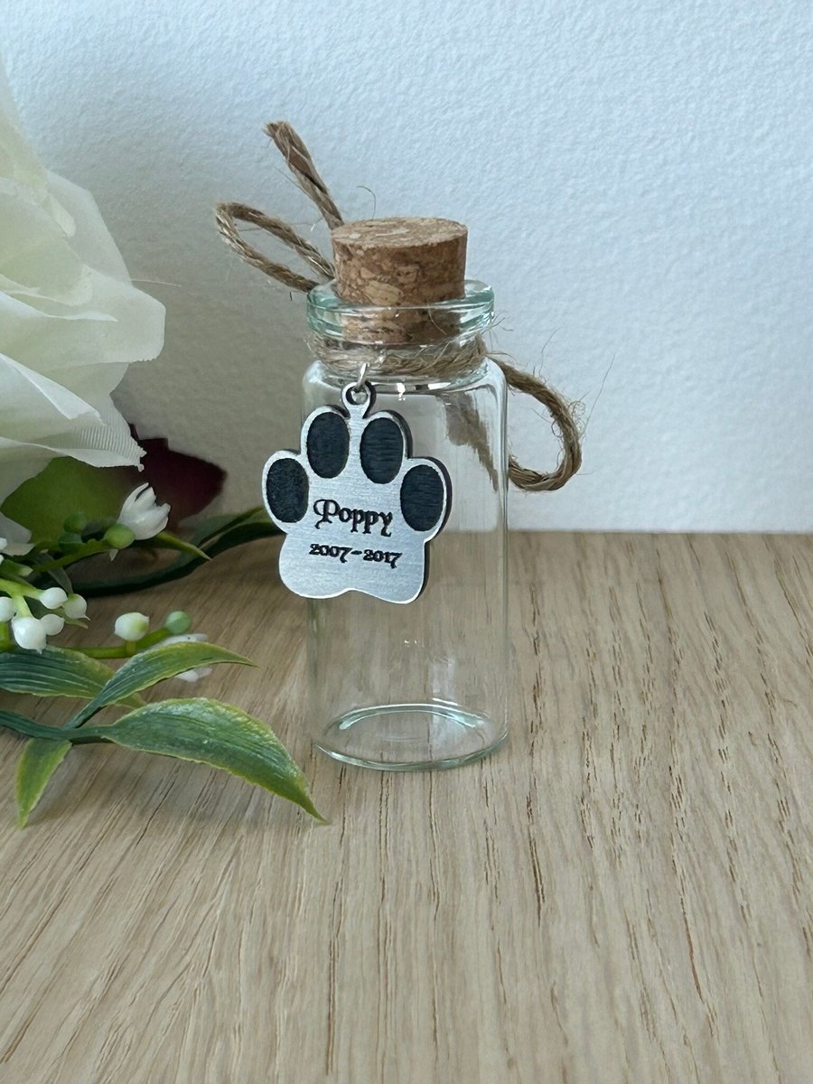 Personalised Pet Dog Paw Hair Memorial Gift glass bottle, Glass vial for hair fu