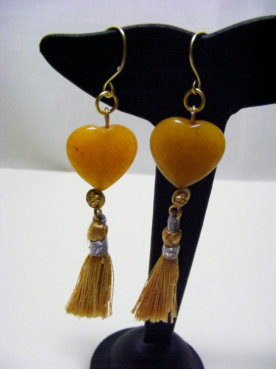 Yellow Quartzite Heart Tassel Earrings