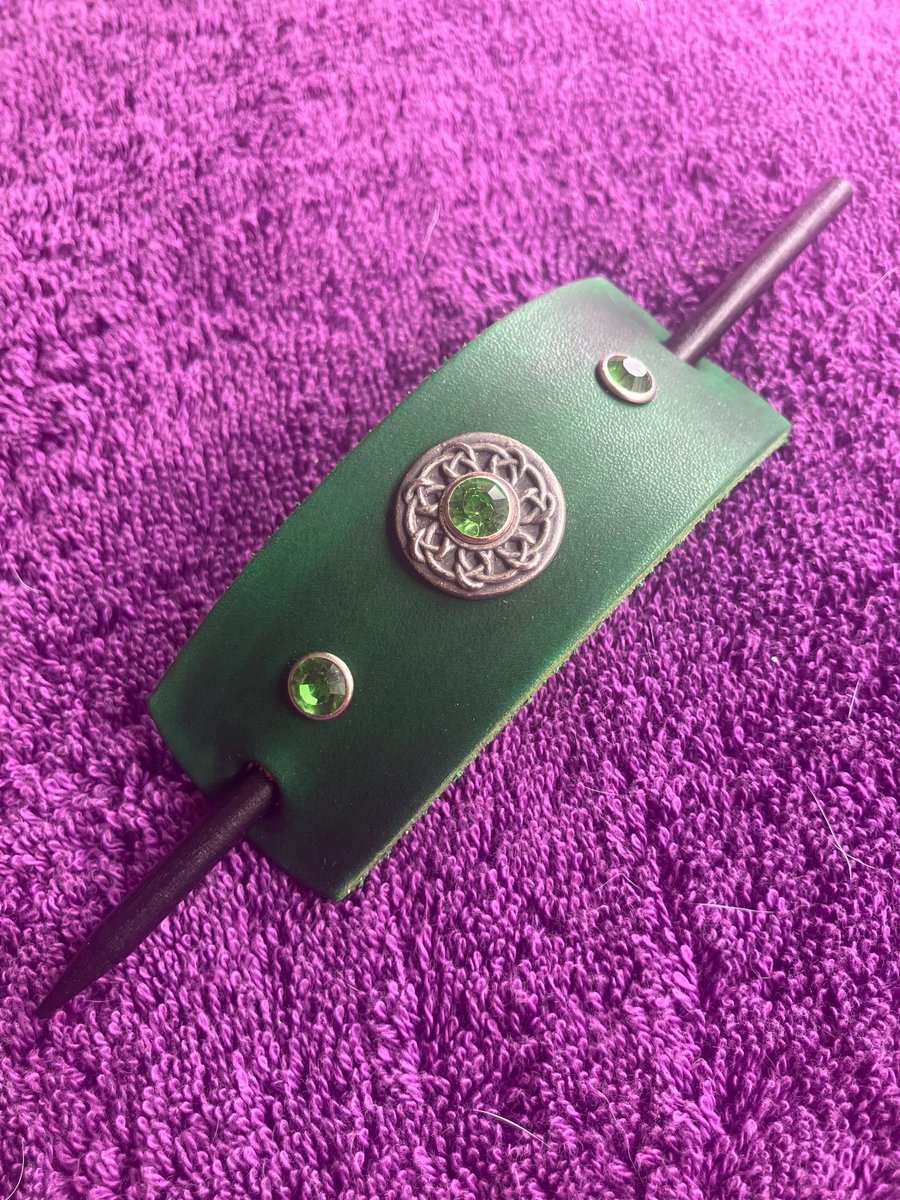 Dyed Green Leather Hair Stick Barrette - Celtic Knot centre with 3 Green Gems