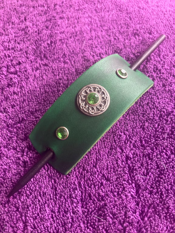 Dyed Green Leather Hair Stick Barrette - Celtic Knot centre with 3 Green Gems