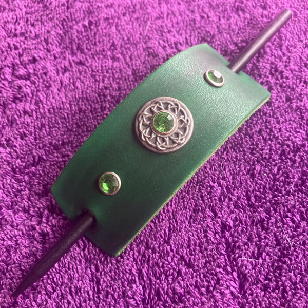 Dyed Green Leather Hair Stick Barrette - Celtic Knot centre with 3 Green Gems