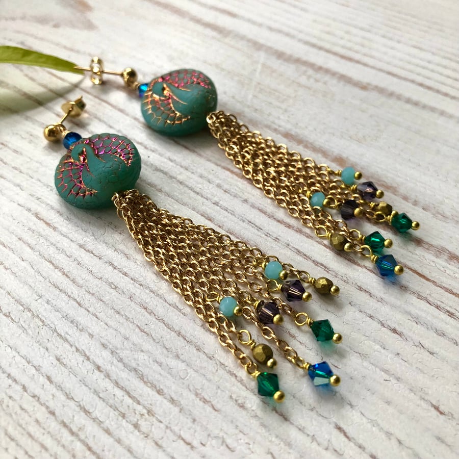 Turquoise Peacock Beaded Earrings With Long Gold Chain Tassel 