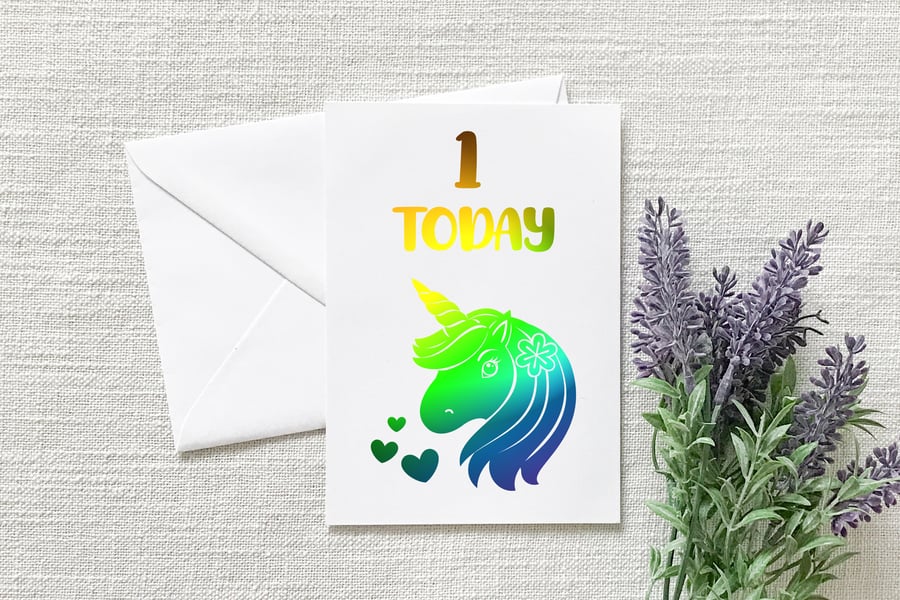 Unicorn Birthday Card in Rainbow Foil with Age