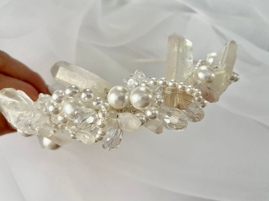 The Elsie tiara, Bridal headpiece, white pearl and quartz wedding headband, 