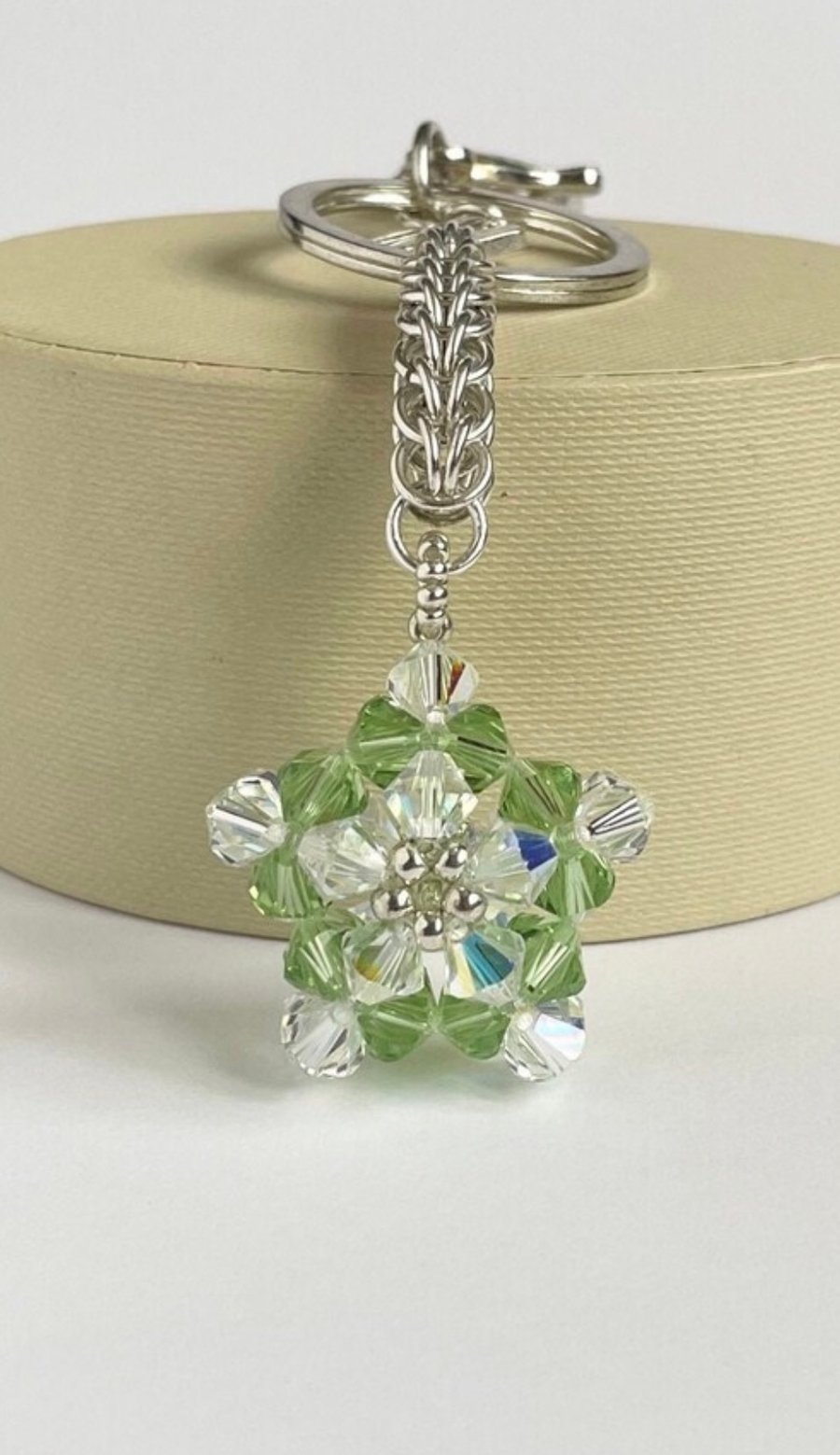 Handbag Charm, Green Crystal Star, with a Chainmaille Chain and Keyring