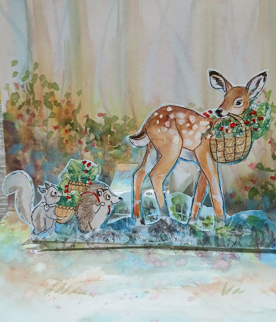 Fawn pop up card Collecting holly