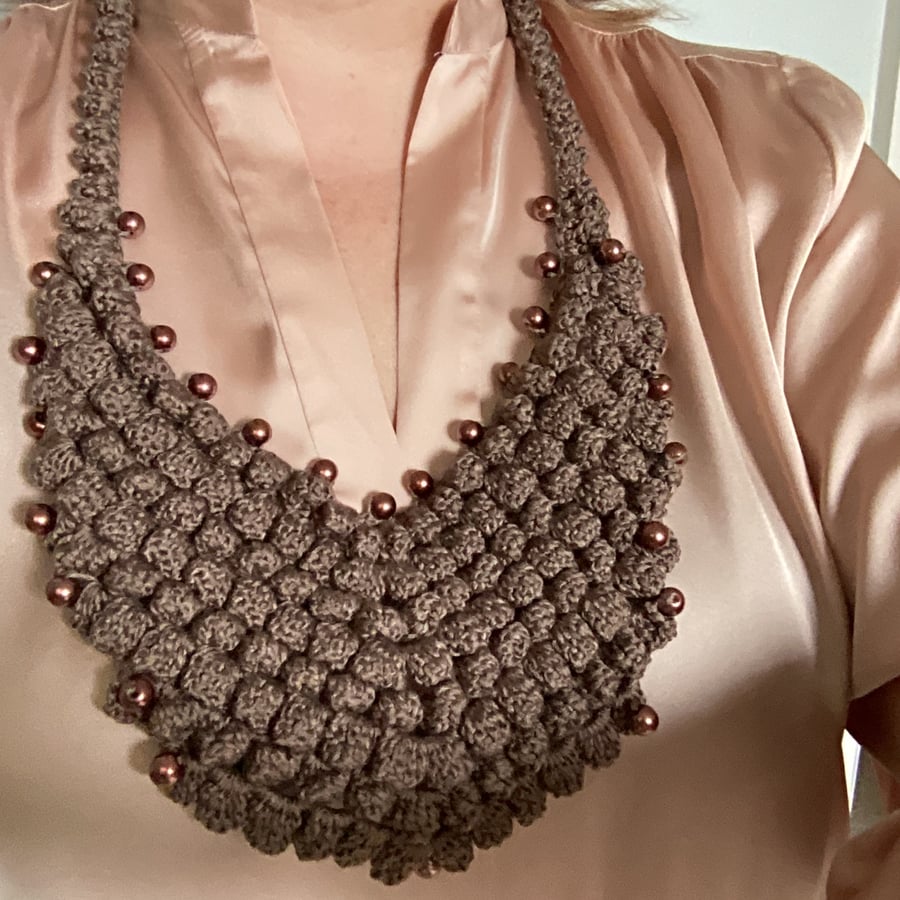 Brown crochet necklace with glass beads