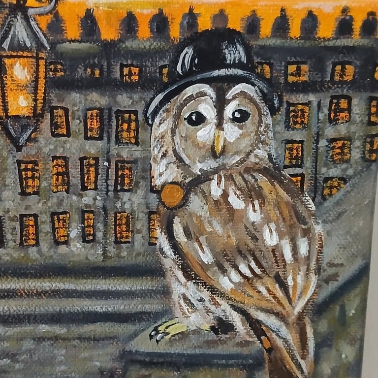 Tawny owl with his Bowler hat and walking cane Original Painting