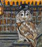 Tawny owl with his Bowler hat and walking cane Original Painting - Image 1
