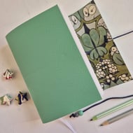 Mojito Green Leather Journal, lined with cute Voysey Owl Family, A6