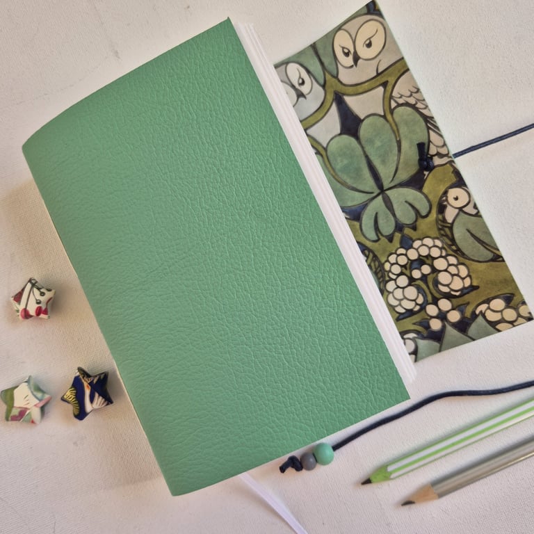 Mojito Green Leather Journal, lined with cute Voysey Owl Family, A6