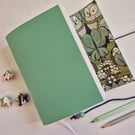 Mojito Green Leather Journal, lined with cute Voysey Owl Family, A6
