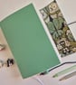 Mojito Green Leather Journal, lined with cute Voysey Owl Family, A6