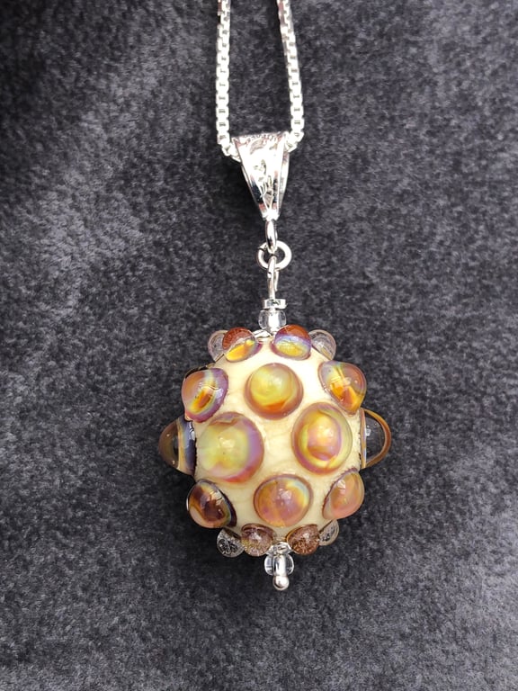 golden and ivory bumpy lampwork glass pendant necklace