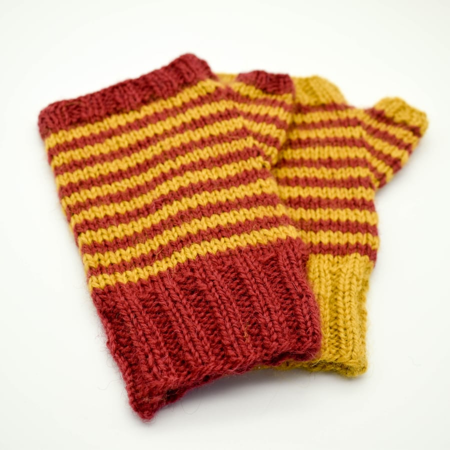 Hand Knitted fingerless mittens - Small - Yellow and red stripes