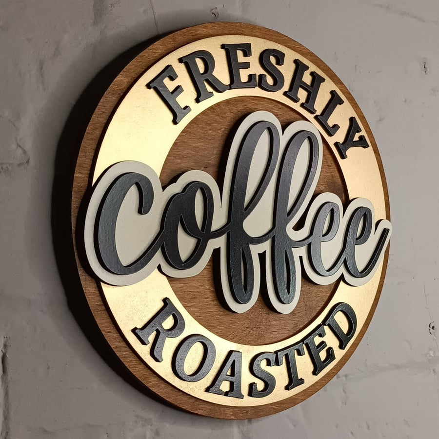 Freshly Roasted Coffee round sign 3D Kitchen wooden logo sign