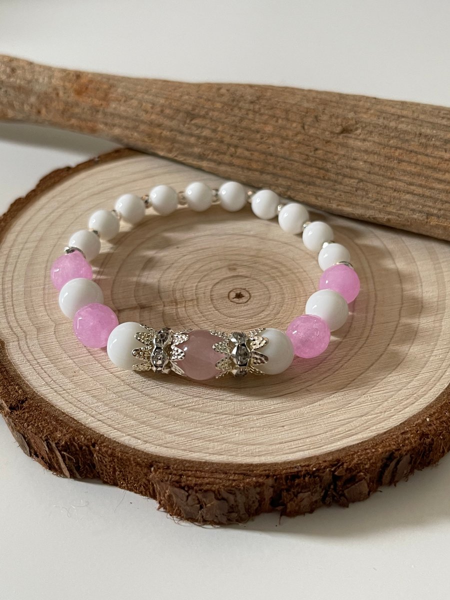 White Onyx Pink Jade Bracelet 
