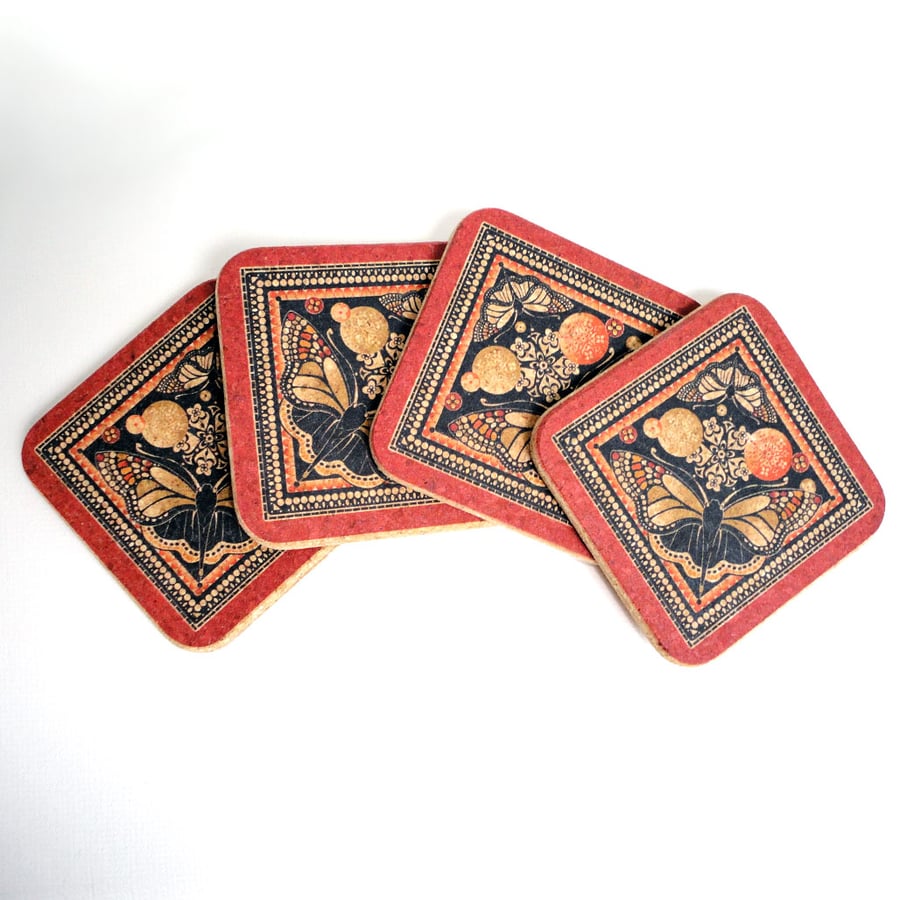 Four Red & Black Patterned Butterfly Cork Coasters