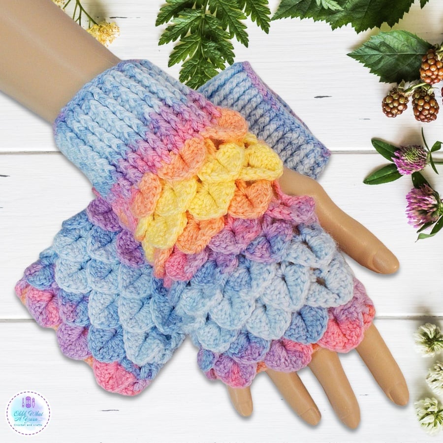 Crochet gloves. Pastel blue rainbow dragon scale gloves. Fingerless gloves.