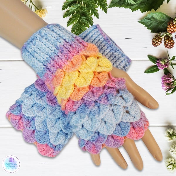 Crochet gloves. Pastel blue rainbow dragon scale gloves. Fingerless gloves.