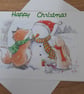 CUTE CHRISTMAS CARD WITH FOX, RABBIT AND MOUSE MAKING A SNOW MAN. - Image 1