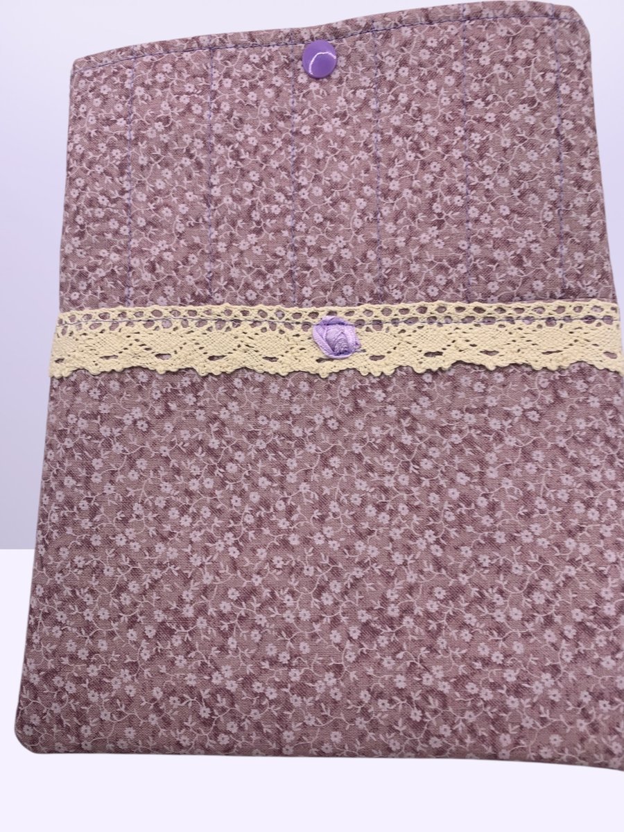 Book Sleeve with Vintage Lace.  Lilac Ditsy Floral.