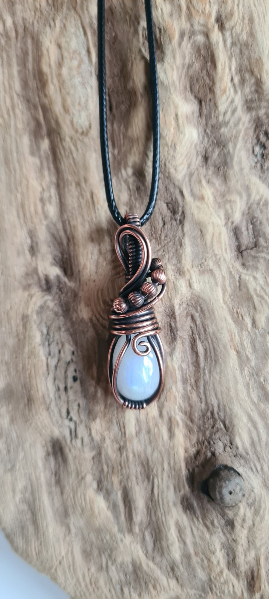 Handmade Natural Rainbow Moonstone & Copper Necklace Pendant Gift Boxed Crystal