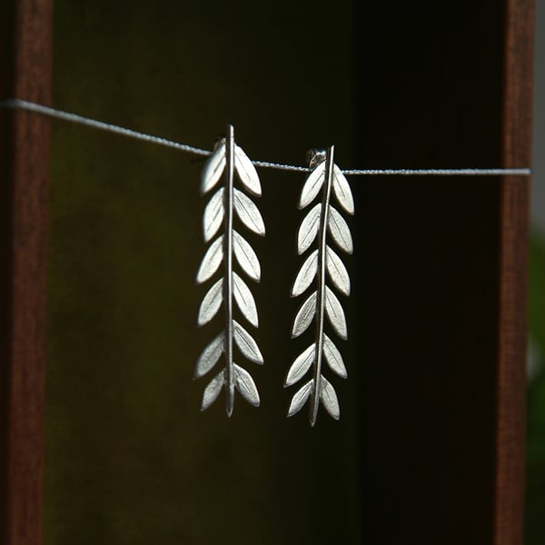 Silver Olive Branch Leaf Earrings, Long Earrings