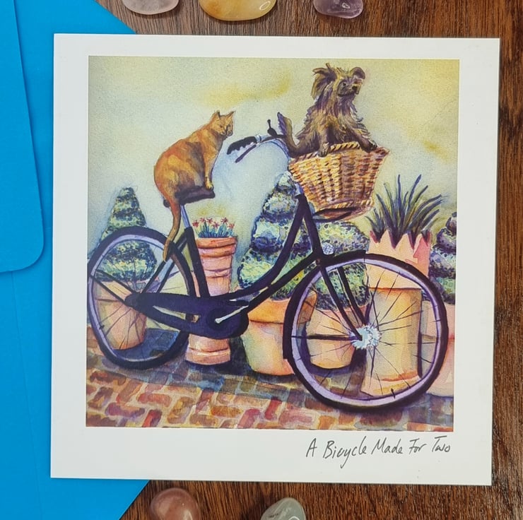A bicycle made for two, cat, dog, greeting card