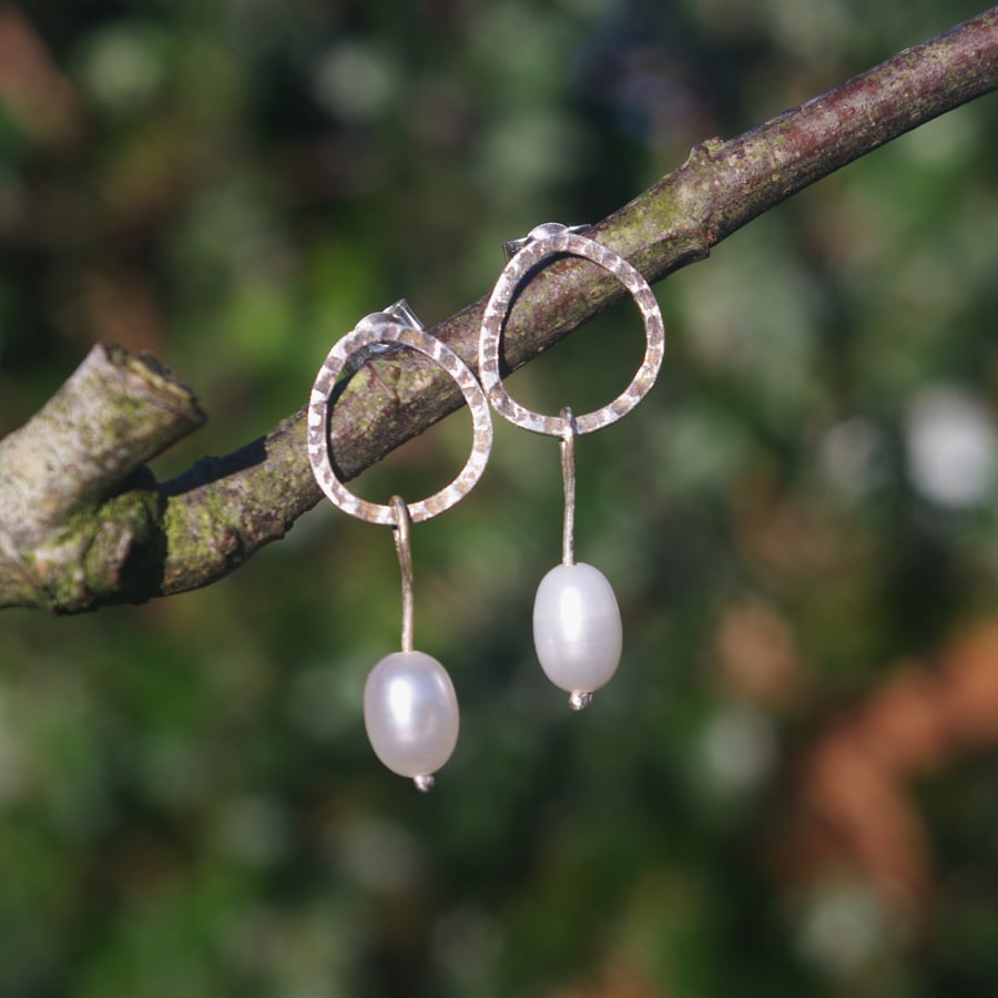 Textured Oval Silver Earrings with Freshwater Pearl Drop