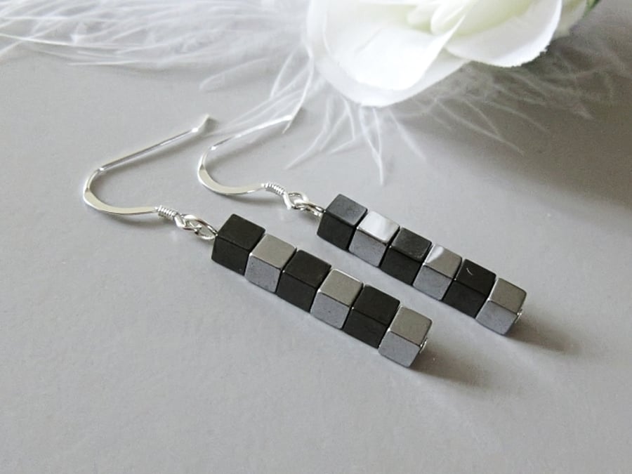 Gunmetal & Silver Hematite Cube Beads Earrings Gift With Sterling Silver