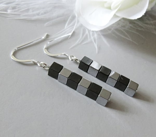 Gunmetal & Silver Hematite Cube Beads Earrings Gift With Sterling Silver