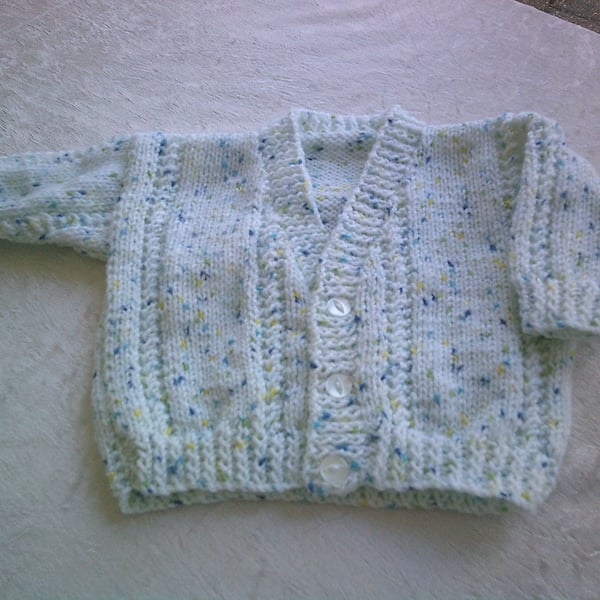 18 inch White Baby Cardigan with Navy, Green and Yellow Flecks