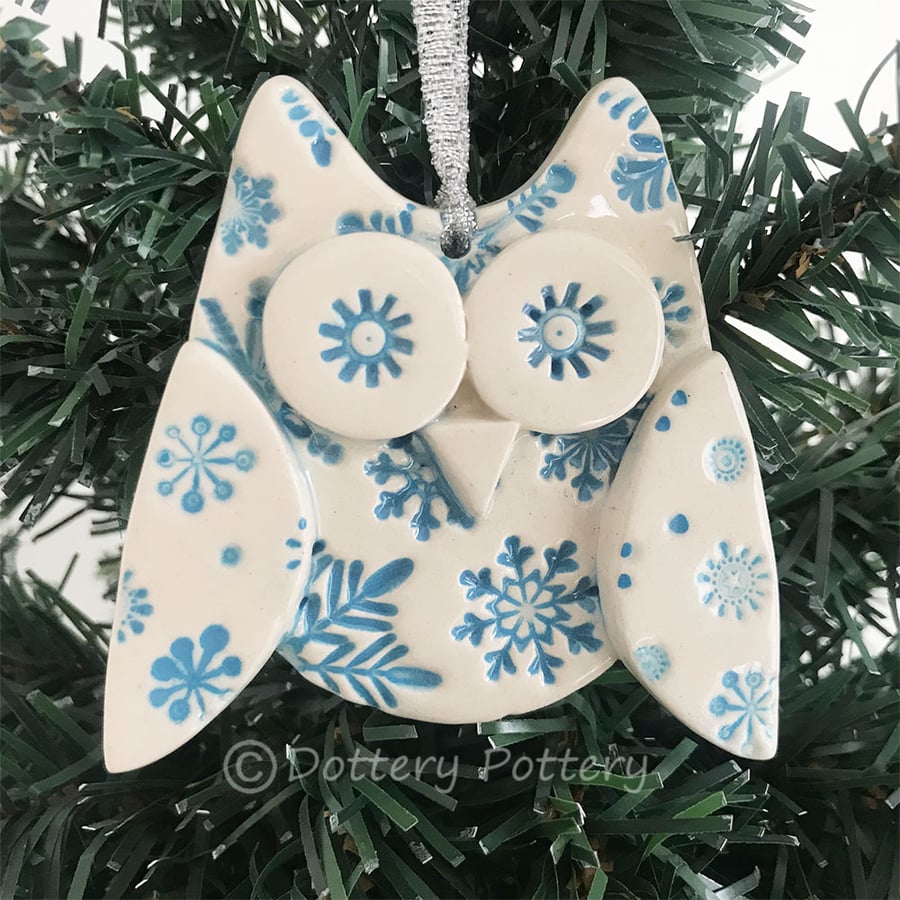 Ceramic snowy owl hanging decoration Pottery owl ceramic bird 