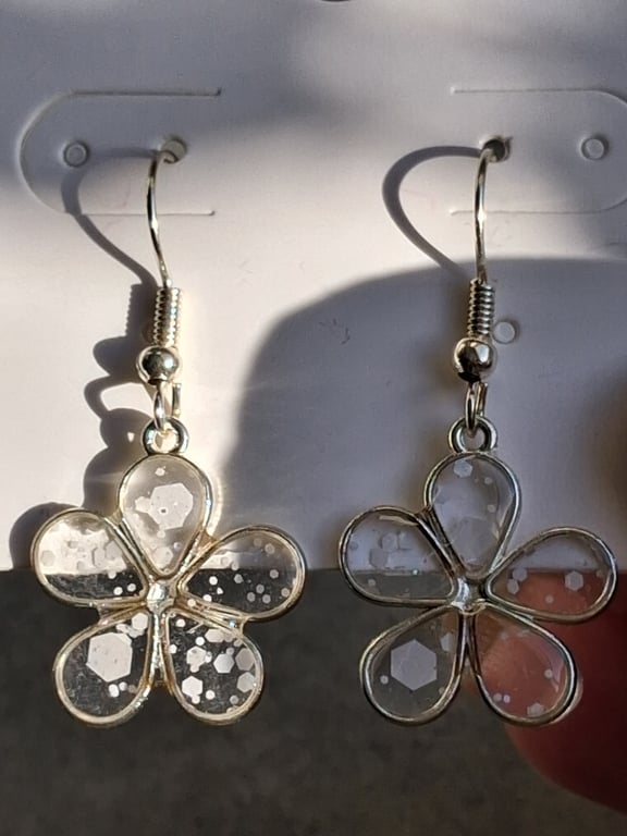 Winter snow dangle earrings,Resin flower drop silver earrings