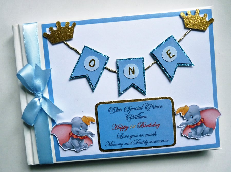 Personalised Dumbo blue and gold themed boys birthday guest book