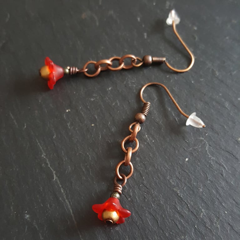 Red Flower Chain Earrings - Copper Tone Long Dangle Earrings